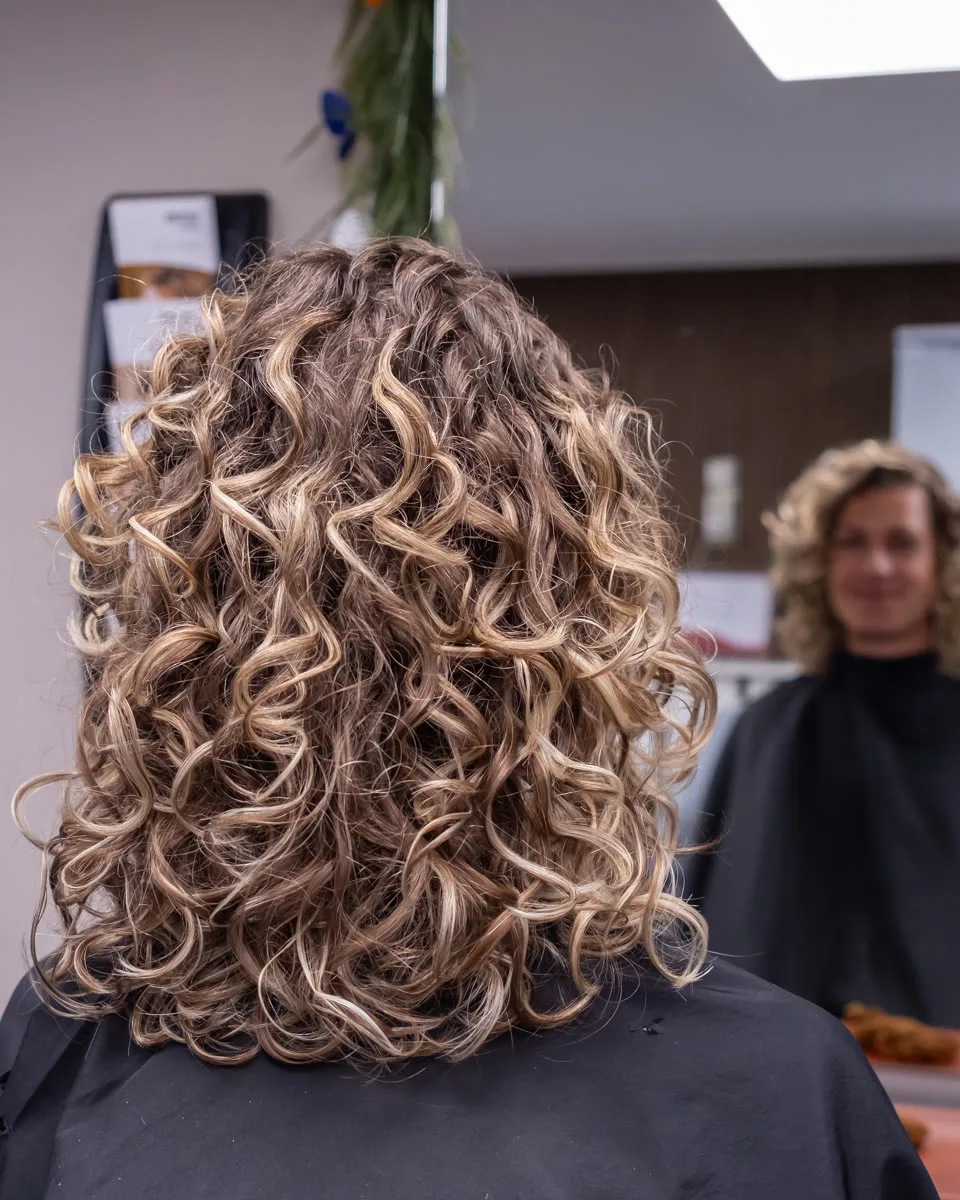 Het eindresultaat van een krulbehandeling met gedefinieerde blonde krullen.